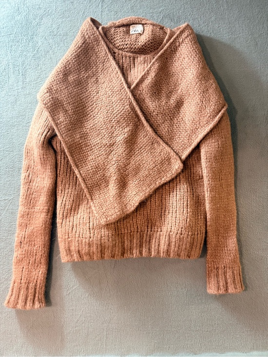 Zara Sweaters - Zara - Cozy Knit Sweater with Attached Scarf in Camel Color